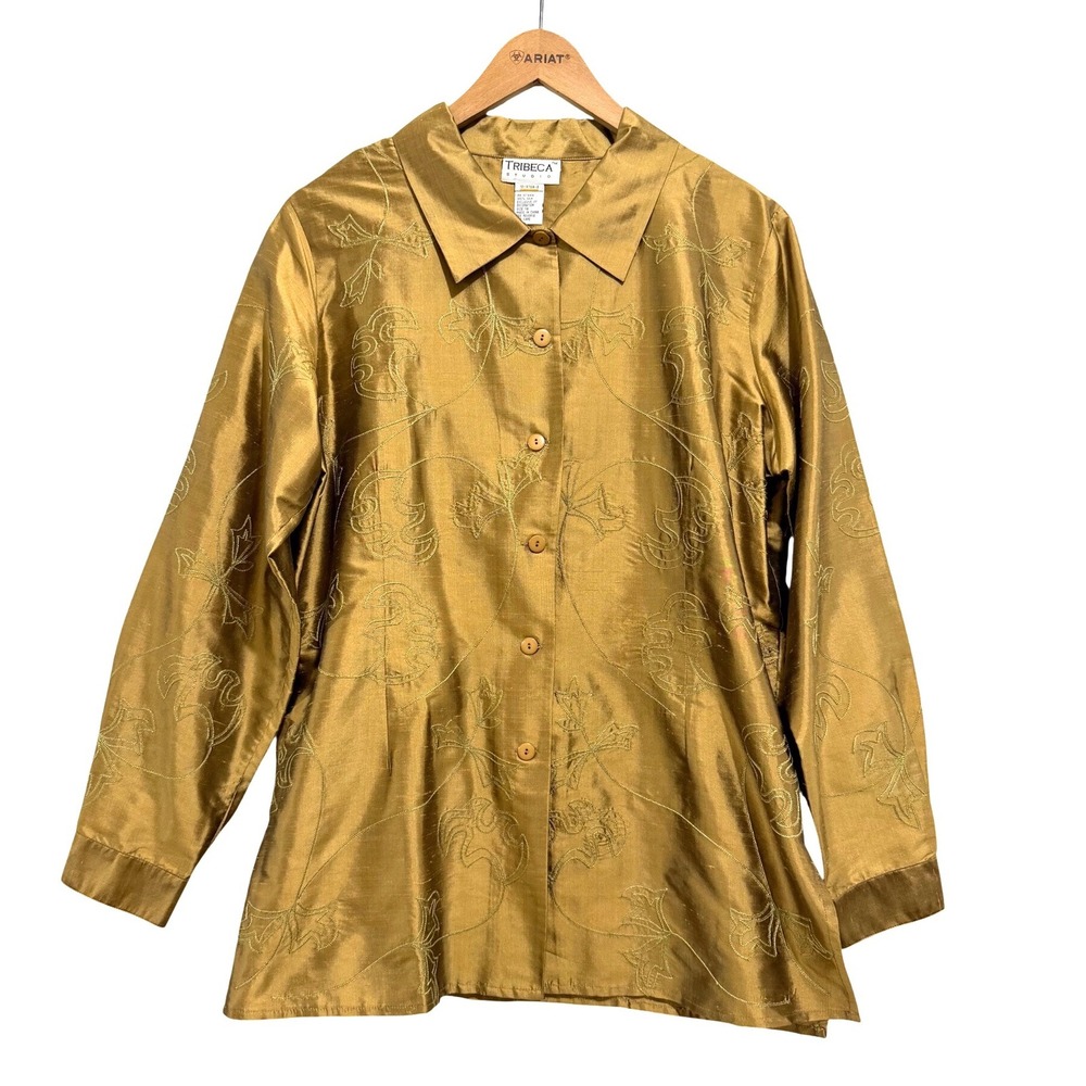 Tribeca Studio Womens 100% Silk Embroidered Button Down Shirt Gold Bronze Sz 14